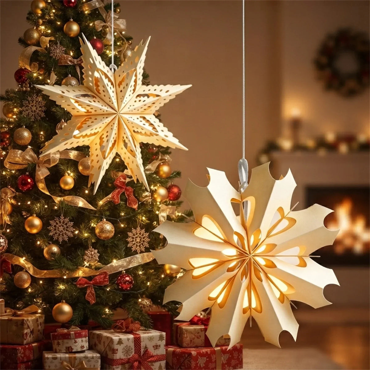 Paperitähdet roikkumassa joulukuusen edessä valoineen ja lahjoineen