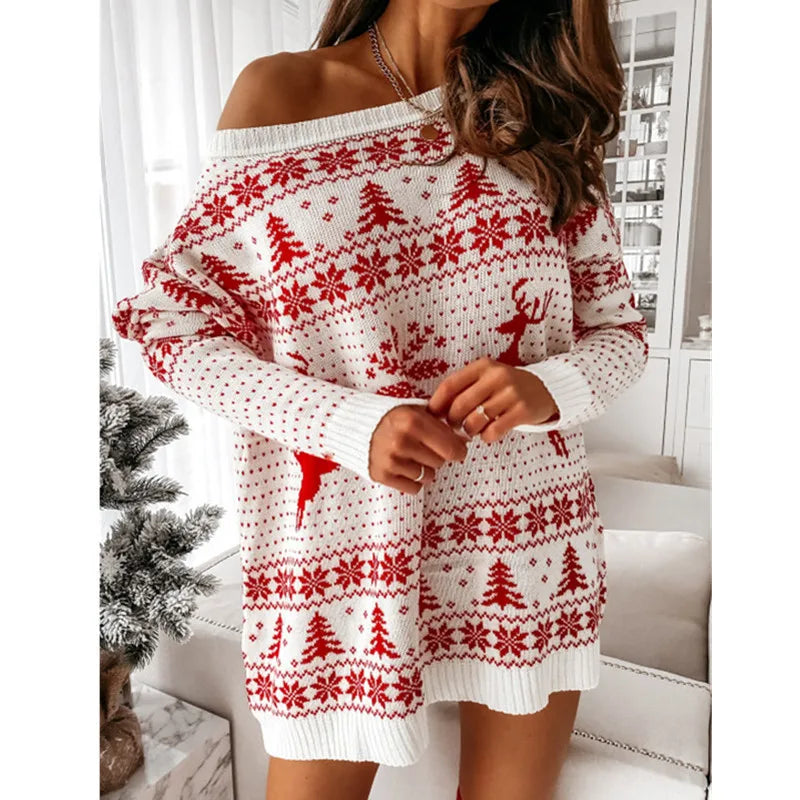 Oversize neulottu joulumekko, off-shoulder – Valkoinen