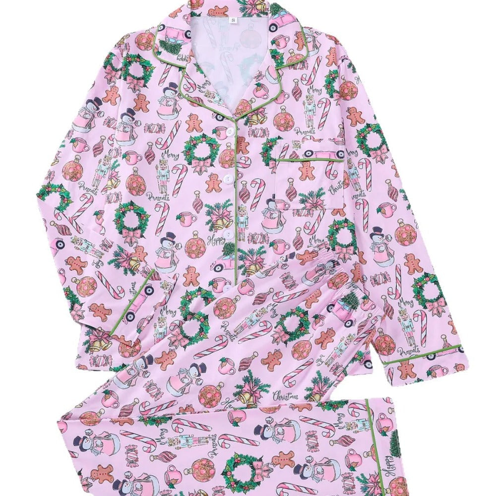 Naisten vaaleanpunainen joulupyjama, paita ja pitkät housut