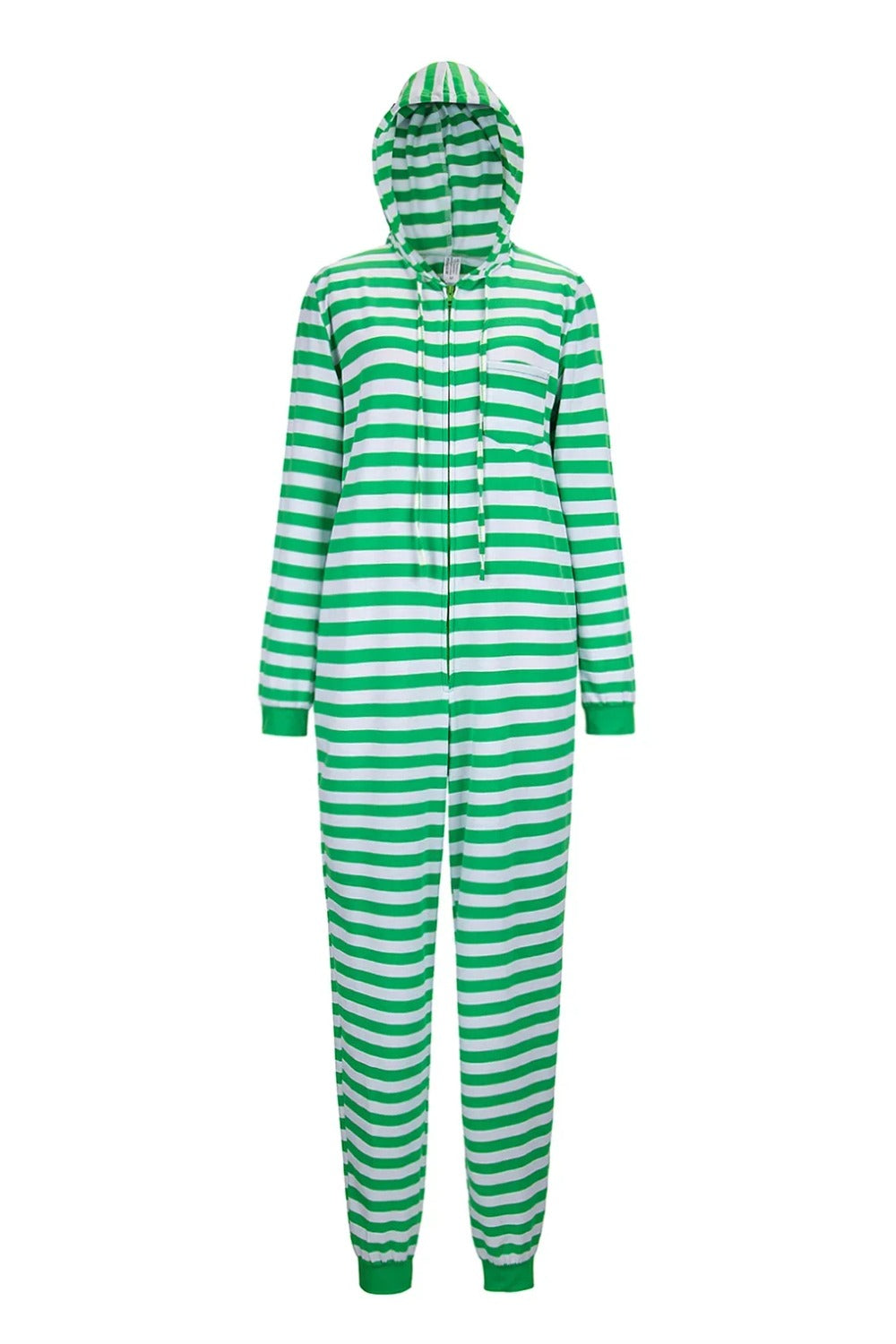 Vihervalkoinen raidallinen joulupyjama-onesie aikuisille hupulla