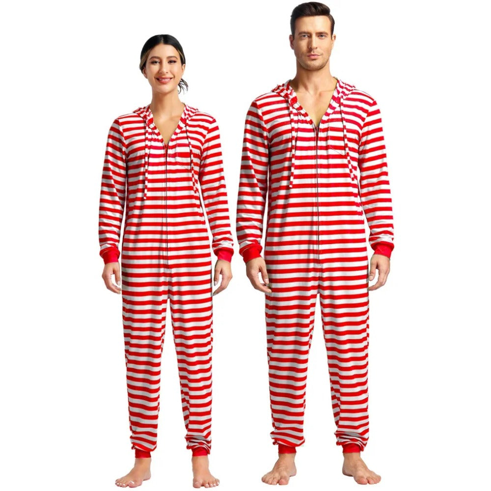Punavalkoinen raidallinen onesie, nainen ja mies