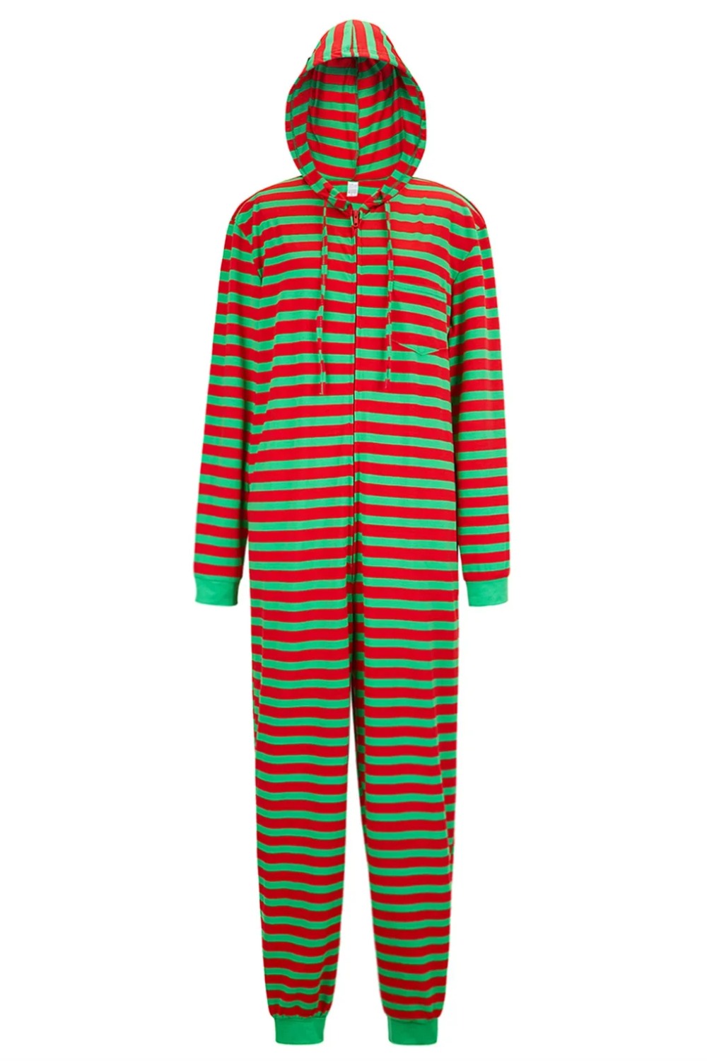 Puna-vihreäraidallinen joulupyjama-onesie aikuisille hupulla
